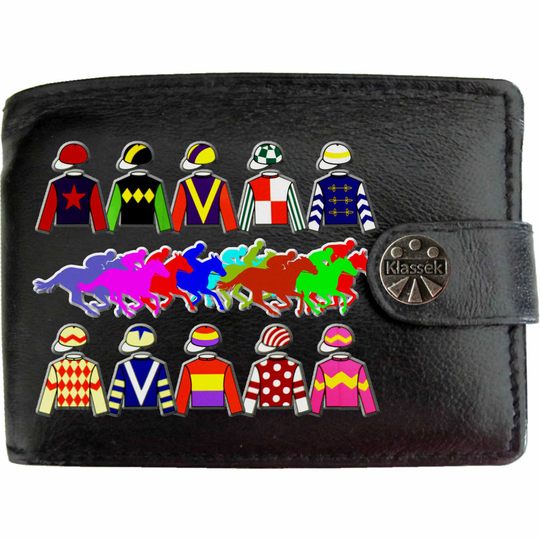 (Standard) Jockey Racing Silks Bet Gamble Mens Wallet Chain Leather Coin Pocket Klassek RFID Blocking Credit Card Slots and Metal Gift Box