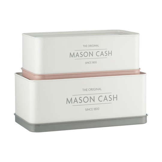 Set Of 2 Mason Cash Rectangular Cake Bread Stackable Storage Jars Tins Boxes