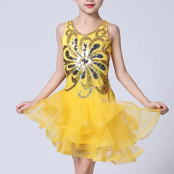 Latin Dance Kids' Dancewear Dress Printing Pure Color Splicing Girls' Performance Training Sleeveless High Polyester Lightinthebox