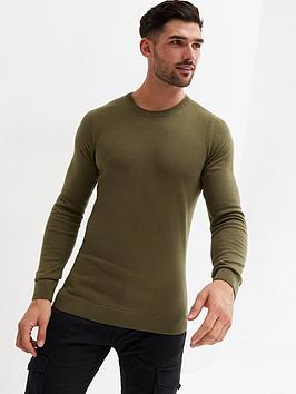 New Look Khaki Fine Knit Crew Neck Muscle Fit Jumper, Dark Khaki, Size Xl, Men