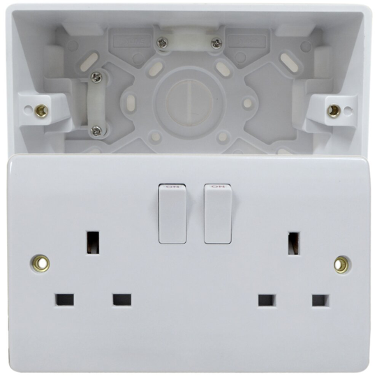 2 Gang 13 Amp Wall Socket with 47mm Surface Mount Pattress Back Box