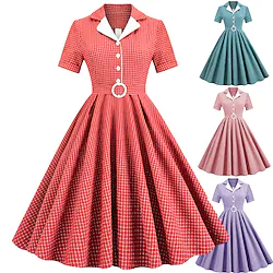 Women's 1950s Audrey Hepburn Swing Dress Cotton Blend Flare Dress Retro Vintage Graph Check Color Blocking Dailywear Tea Party Casual Daily Short Sleeve Fit Flare Dress Christmas Lightinthebox