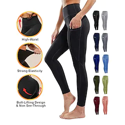 Women's Compression Tights Leggings Side Pockets Bottoms Athletic Athleisure Cotton Tummy Control Butt Lift Breathable Running Jogging Training Sportswear Activewear Solid Colored Deep Green Black Lightinthebox