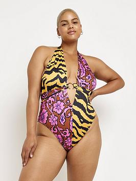 River Island Printed Halter Wrap Swimsuit - Pink, Pink, Size 18, Women