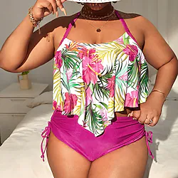 Women's Swimwear Tankini 2 Piece Plus Size Swimsuit Open Back Printing High Waisted Floral Fuchsia Camisole Strap Bathing Suits New Vacation Fashion / Modern Lightinthebox