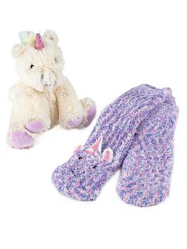 TOTES Unicorn Plush And Super Soft Slipper Socks Box Set - Green, Cream