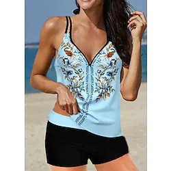 Women's Swimwear Tankini 2 Piece Plus Size Swimsuit 2 Piece Open Back Print Polka Dot Striped Light Blue White Padded V Wire Bathing Suits New Vacation Sporty Lightinthebox