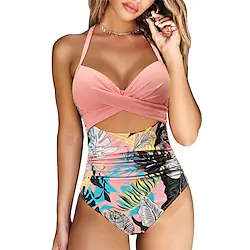 Women's Swimwear One Piece Monokini Bathing Suits Normal Swimsuit Tummy Control Open Back Printing Hole Striped Plaid Leopard Green Black Blue Rosy Pink Padded V Wire Bathing Suits New Vacation Lightinthebox