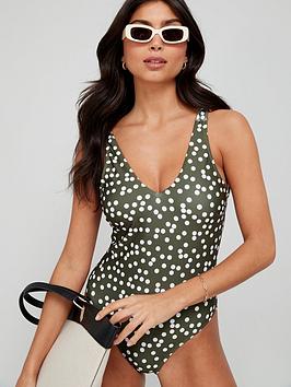 V by Very Tie Shoulder Shape Enhancing Swimsuit - Olive Green , Polka Dot, Size 12, Women