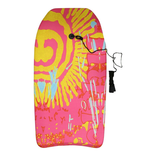 (Pink & Yellow sun) Adults/Kid's 91cm Bodyboard With Leash Plug