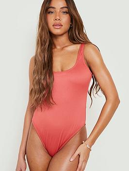 Boohoo Recycled Rib Low Back High Leg Swimsuit - Red