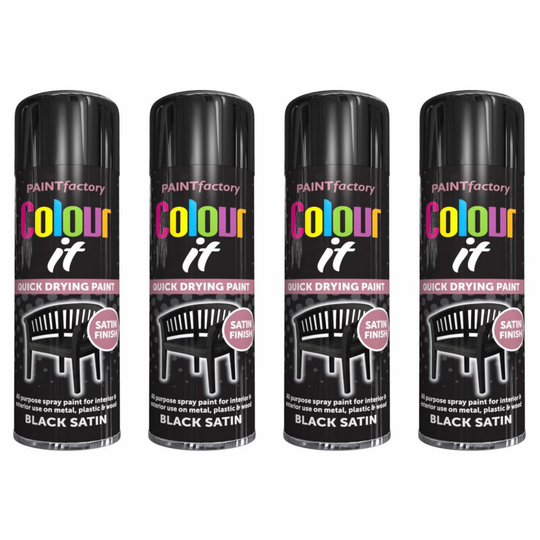 (250ml, 4) Paint Spray Can Bottle BLACK SATIN Quick Dry