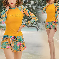 Women's Rash Guard Rash guard Swimsuit UV Sun Protection UPF50 Breathable Long Sleeve Swimwear Bathing Suit 3-Piece Removable Pad Swimming Diving Surfing Beach Floral Autumn / Fall Spring Summer Lightinthebox