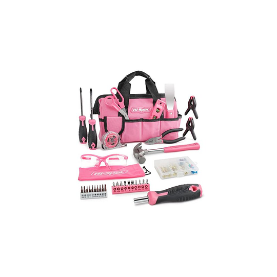 Hi-Spec 34 Piece Pink Home DIY Tool Kit Set. General Hand Tools for Easy Household Repair. Complete with a 100 Piece Wall Hanging Kit and a