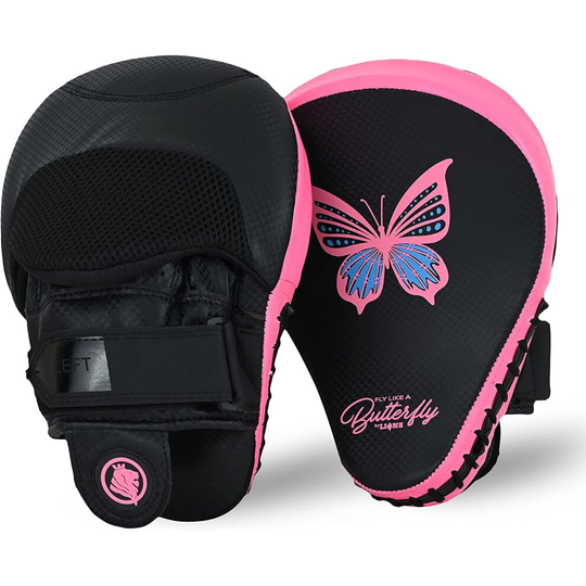 (BUTTERFLY-BLACK/PINK) Lions Curved Focus Pads Hook & Jabs Gloves Punch Bag Mitts Boxing MMA Kick Training