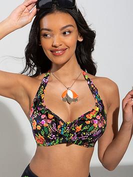 Pour Moi Hot Spots Halter Underwired Top - Black Floral, Black Floral, Size 32C, Women
