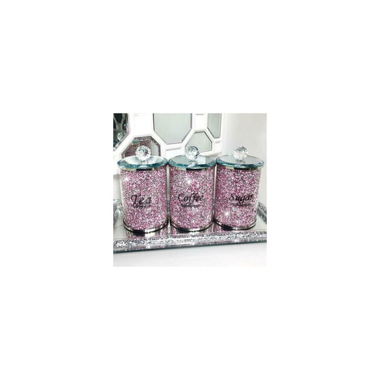 PINK CRUSHED DIAMOND CRYSTAL FILLED TEA COFFEE SUGAR CANISTERS JARS WITH GIFT BOX