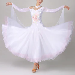 Ballroom Dance Dress Embroidery Splicing Crystals / Rhinestones Women's Performance Training Long Sleeve Spandex Organza Lightinthebox