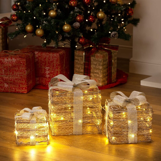 CHRISTMAS VILLAGE SET OF 3 LED LIGHT UP FESTIVE XMAS CHRISTMAS GIFT PARCEL BOX SET DECORATION WICK