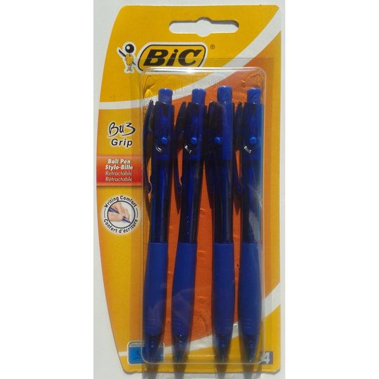 Bic Bu3 Grip 1.0 Blue Retractable Ball Pen 4 Pack Stationery