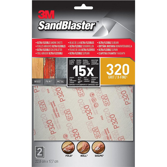 3M 28320SBE-UF2 SandBlaster X-Fine Ultra Flexible Sanding Sheets, Silver, 320 Grit 22.8 x 17.7 cm, Set of 2 Piece