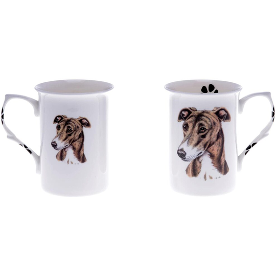(BB31) Bone China Set of 2 Brindle Greyhound Dog Mugs - Gift Boxed