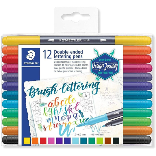 Staedtler 3004 TB12 Double Fibre-Tip Pens, Hand Lettering (Fine Tip and Brush Tip), Clear Folding Case With 12 Bright Colours