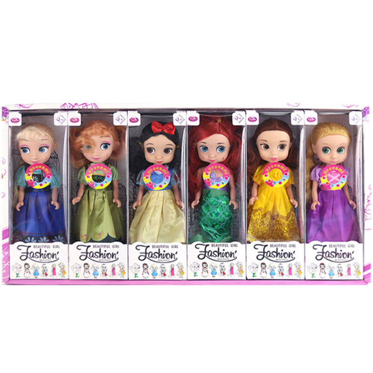 (6Pcs Kit) Frozen Elsa & Anna Princess Kids Gift With Box Mermaid Bell Snow White Long Hair Princess