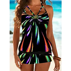 Women's Swimwear Tankini 2 Piece Plus Size Swimsuit 2 Piece Open Back Printing for Big Busts Hole Striped Black Padded Strap Bathing Suits New Casual Vacation / Modern / Padded Bras Lightinthebox