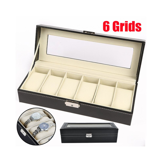 6 Grid Mens Watch Box Leather Display Glass Top Jewelry Case Storage