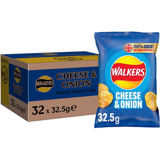 Walkers Cheese & Onion Vegetarian Crisps Box, Made with 100 Percent Great British Potatoes, 32.5 g (Case of 32 Bags)