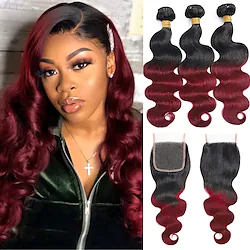 Hair 10A Ombre Brazilian Human Hair With Closure (14 16 1814) Brazilian Human Hair 3 Bundles with Closure Brazilian Body Wave with Closure 2 Tone Black to Burgundy Human Hair Weave Lightinthebox