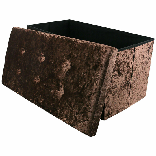 (Brown) Large 2 Seater Crushed Velvet Foldable Ottoman Storage Box Double Bed Foot Stool