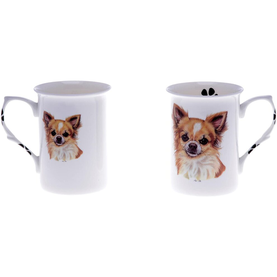 (BB21) Bone China Set of 2 Long Hair Chihuahua Dog Mugs - Gift Boxed