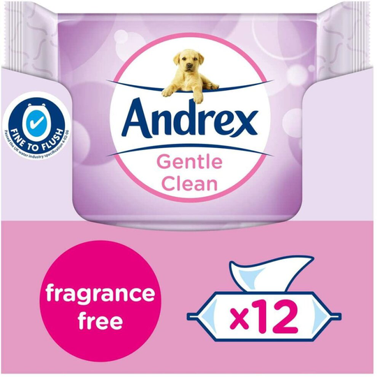 Andrex Washlets - Gentle Clean Fragrance Free Flushable Toilet Wipes - certified 'Fine to Flush', Plastic Free & Biodegradable Wet Wipes,12