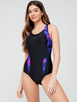Speedo All Over Panel Laneback Swimsuit - Black/Print