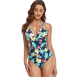 Women's One Piece Swimsuit Tummy Control Halter Bodysuit Bathing Suit Floral Swimwear Navy Wine Red Breathable Quick Dry Lightweight Sleeveless - Swimming Surfing Beach Summer / Stretchy Lightinthebox
