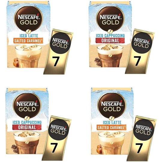 Nescafe Salted Caramel Iced latte 7 Sachets x2 Packs Bundled With Nescafe Gold Original Iced Cappuccino x2 Packs, (4 Boxes, 28 Sachets Total)