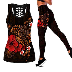 Women's Activewear Set Yoga Suit Yoga Set 3D Print 2 Piece Floral Leggings Tank Top Dark Red Red Yoga Fitness Gym Workout High Waist Tummy Control Butt Lift Breathable Sleeveless Sport Activewear Lightinthebox