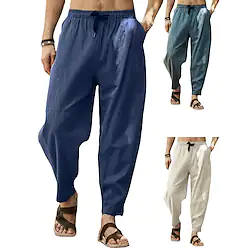 Men's Linen Pants Pocket Drawstring Plain Casual Daily Yoga Cotton Blend Basic Classic White Black Lightinthebox