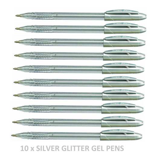 (Silver Pack of 10) 10 x Shine Sparkled GLITTER Gel Pens 0.7 mm FINE Tip 10 colours All Colour