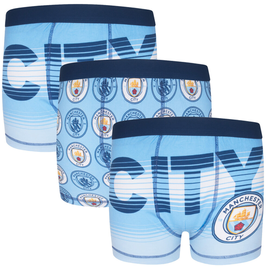 (Sky Blue, 11-12 Years) Manchester City Boys Boxer Shorts 3 Pack Crest Kids OFFICIAL Football Gift