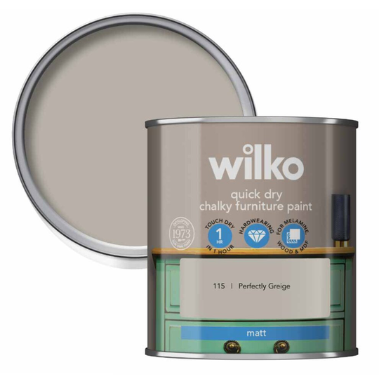 wilko Perfectly Greige Quick Dry Hardwearing Chalky Furniture Paint, 250ml