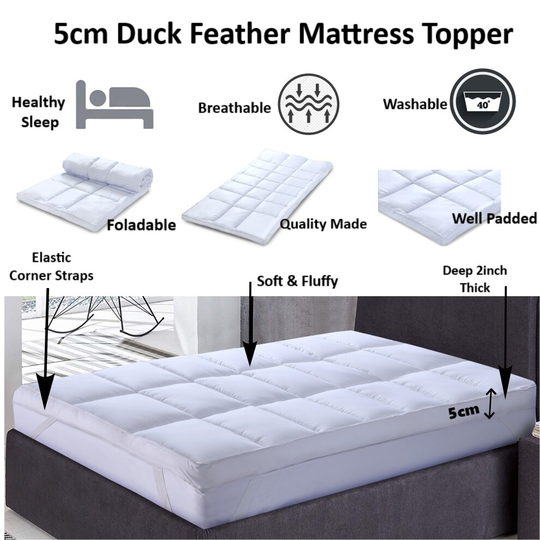 (King) Luxury Mattress Topper Duck Feather & Down Extra Thick Box Constructed Stitched