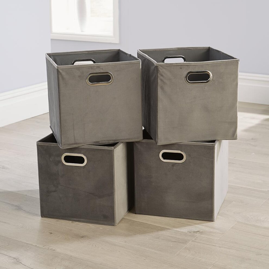 Folding Flat Velvet Soft Grey Square Storage Utility Box Fabric Cube 4pc Basket