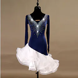 Latin Dance Dress Crystals / Rhinestones Women's Training Performance Long Sleeve Natural Chinlon Organza Tulle Lightinthebox