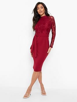 Boohoo High Neck Long Sleeve Lace Midi Dress - Berry, Purple, Size 8, Women