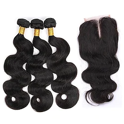 3 Bundles with Closure Hair Weaves Brazilian Hair Body Wave Human Hair Extensions Remy Human Hair Hair Weft with Closure 10-22 inch Natural Women Youth / Daily Wear Lightinthebox