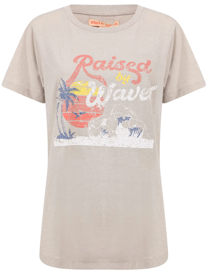 T-Shirts Waves Motif Cotton Crew Neck T-Shirt in Stone Marl - South Shore / 12/M - Tokyo Laundry