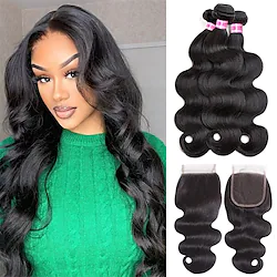 Body Wave Human Hair 3 Bundles with Closure (12 14 1610) Double Weft 10A Brazilian Hair Bundles with Middle Part Closure Natural Black Human Hair Bundles with Closure Lightinthebox